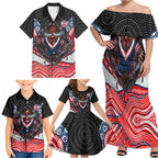 Sydney Roosters Family Matching Off Shoulder Maxi Dress and Hawaiian Shirt The Scream of Lightning Eyes - Indigenous Dot Ripping Effect
