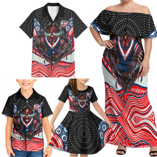 Sydney Roosters Family Matching Off Shoulder Maxi Dress and Hawaiian Shirt The Scream of Lightning Eyes - Indigenous Dot Ripping Effect