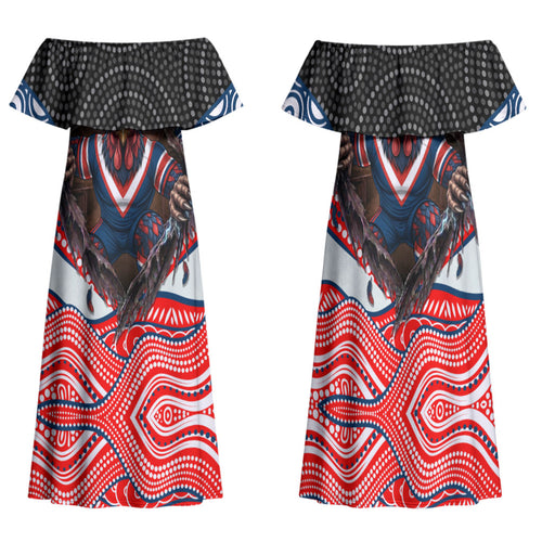 Sydney Roosters Family Matching Off Shoulder Maxi Dress and Hawaiian Shirt The Scream of Lightning Eyes - Indigenous Dot Ripping Effect