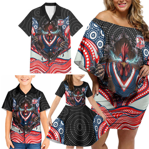 Sydney Roosters Family Matching Off Shoulder Short Dress and Hawaiian Shirt The Scream of Lightning Eyes - Indigenous Dot Ripping Effect