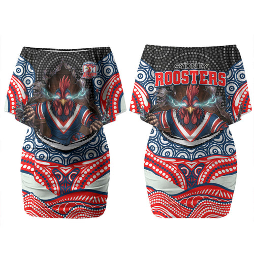 Sydney Roosters Family Matching Off Shoulder Short Dress and Hawaiian Shirt The Scream of Lightning Eyes - Indigenous Dot Ripping Effect