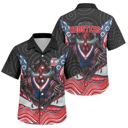 Sydney Roosters Family Matching Off Shoulder Short Dress and Hawaiian Shirt The Scream of Lightning Eyes - Indigenous Dot Ripping Effect
