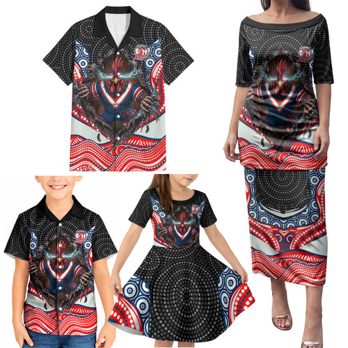 Sydney Roosters Family Matching Puletasi and Hawaiian Shirt The Scream of Lightning Eyes - Indigenous Dot Ripping Effect