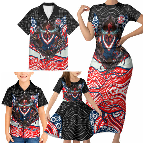 Sydney Roosters Family Matching Short Sleeve Bodycon Dress and Hawaiian Shirt The Scream of Lightning Eyes - Indigenous Dot Ripping Effect
