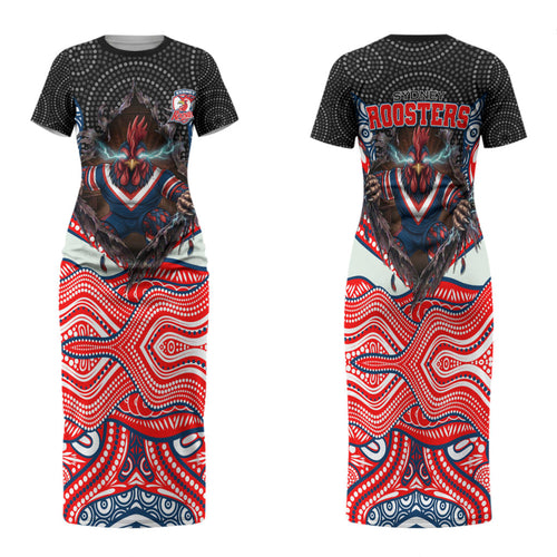 Sydney Roosters Family Matching Short Sleeve Bodycon Dress and Hawaiian Shirt The Scream of Lightning Eyes - Indigenous Dot Ripping Effect
