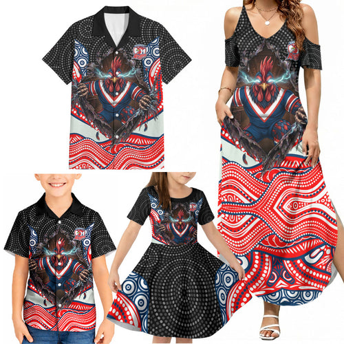 Sydney Roosters Family Matching Summer Maxi Dress and Hawaiian Shirt The Scream of Lightning Eyes - Indigenous Dot Ripping Effect