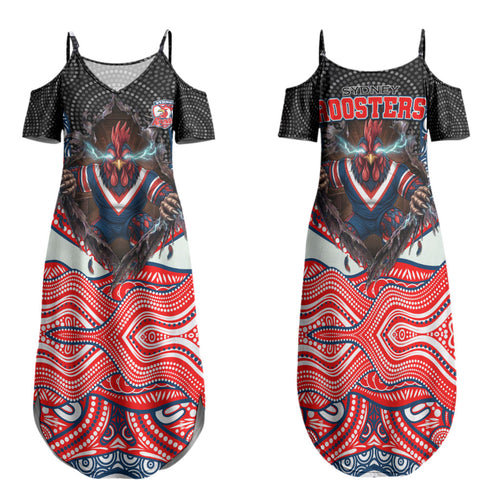 Sydney Roosters Family Matching Summer Maxi Dress and Hawaiian Shirt The Scream of Lightning Eyes - Indigenous Dot Ripping Effect