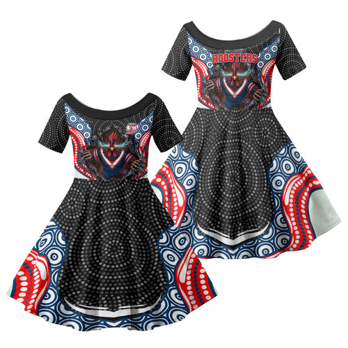 Sydney Roosters Family Matching Summer Maxi Dress and Hawaiian Shirt The Scream of Lightning Eyes - Indigenous Dot Ripping Effect