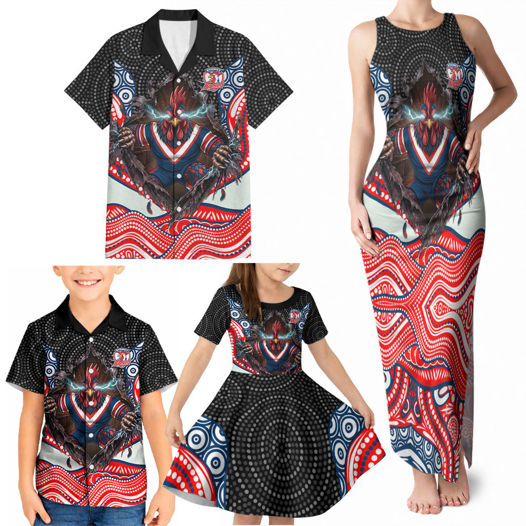 Sydney Roosters Family Matching Tank Maxi Dress and Hawaiian Shirt The Scream of Lightning Eyes - Indigenous Dot Ripping Effect