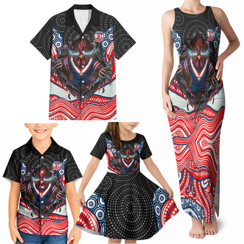 Sydney Roosters Family Matching Tank Maxi Dress and Hawaiian Shirt The Scream of Lightning Eyes - Indigenous Dot Ripping Effect