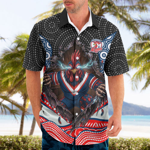 Sydney Roosters Hawaiian Shirt The Scream of Lightning Eyes - Indigenous Dot Ripping Effect