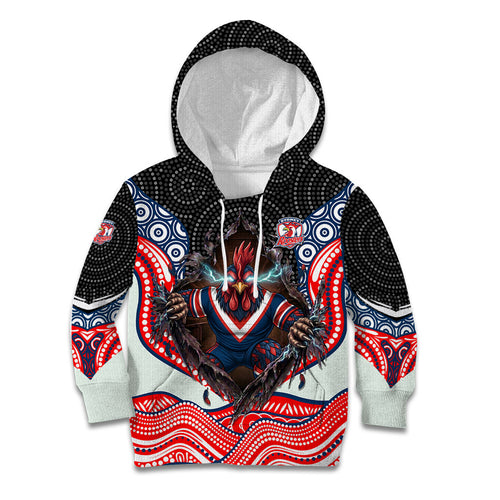 Sydney Roosters Kid Hoodie The Scream of Lightning Eyes - Indigenous Dot Ripping Effect