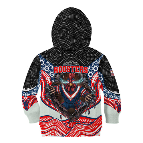 Sydney Roosters Kid Hoodie The Scream of Lightning Eyes - Indigenous Dot Ripping Effect