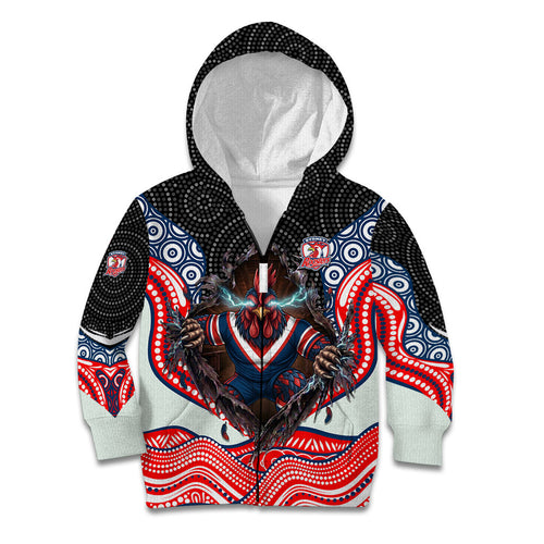 Sydney Roosters Kid Hoodie The Scream of Lightning Eyes - Indigenous Dot Ripping Effect
