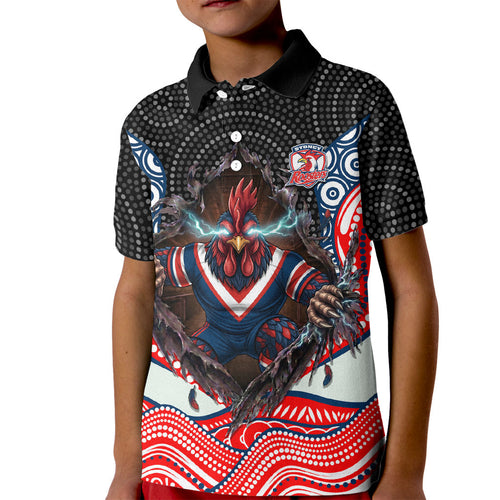 Sydney Roosters Kid Polo Shirt The Scream of Lightning Eyes - Indigenous Dot Ripping Effect