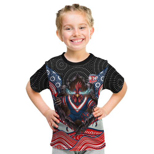 Sydney Roosters Kid T Shirt The Scream of Lightning Eyes - Indigenous Dot Ripping Effect