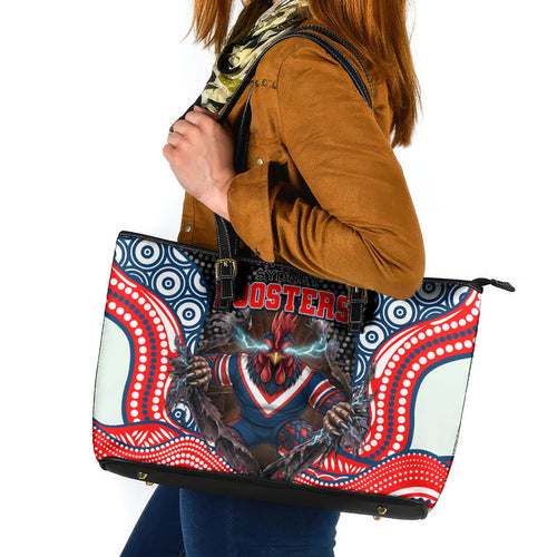 Sydney Roosters Leather Tote Bag The Scream of Lightning Eyes - Indigenous Dot Ripping Effect