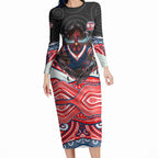 Sydney Roosters Long Sleeve Bodycon Dress The Scream of Lightning Eyes - Indigenous Dot Ripping Effect