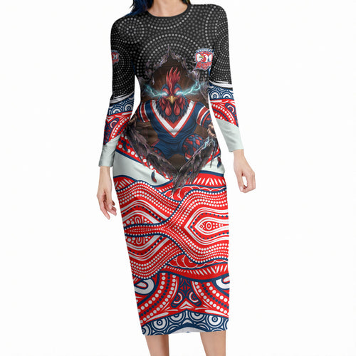 Sydney Roosters Long Sleeve Bodycon Dress The Scream of Lightning Eyes - Indigenous Dot Ripping Effect