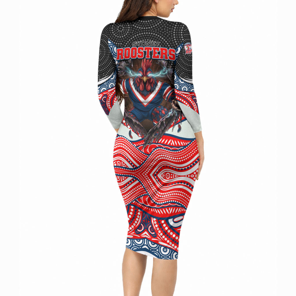 Sydney Roosters Long Sleeve Bodycon Dress The Scream of Lightning Eyes - Indigenous Dot Ripping Effect