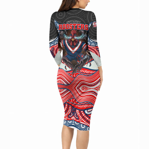 Sydney Roosters Long Sleeve Bodycon Dress The Scream of Lightning Eyes - Indigenous Dot Ripping Effect