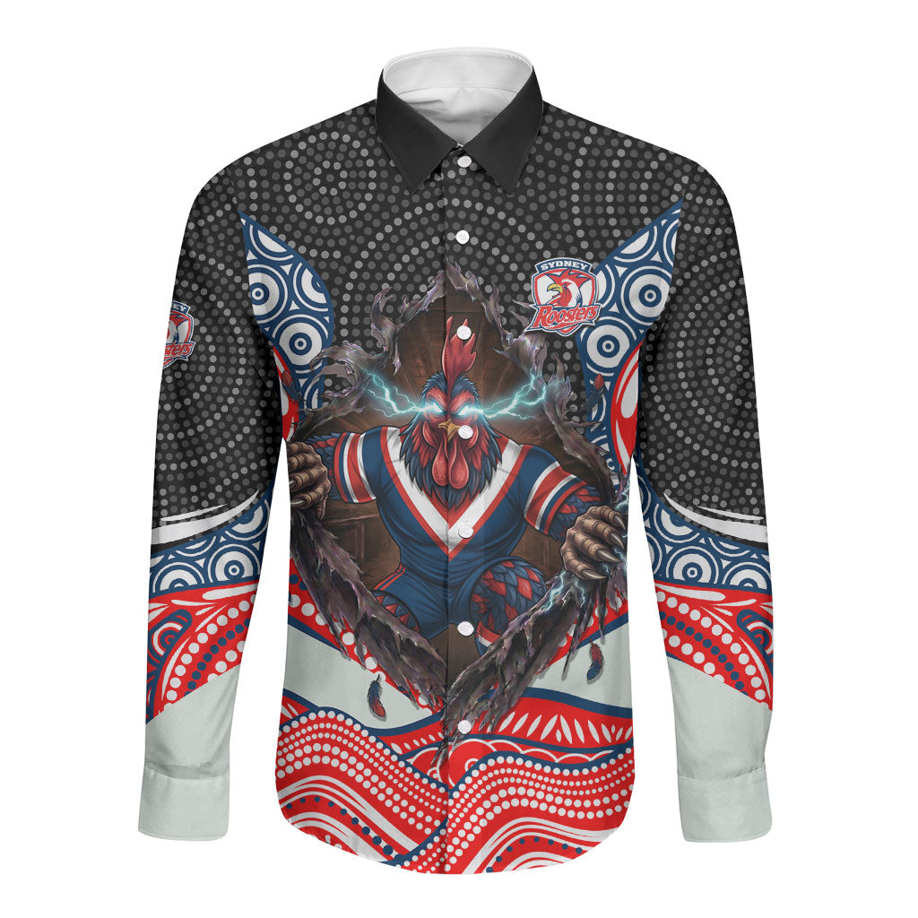 Sydney Roosters Long Sleeve Button Shirt The Scream of Lightning Eyes - Indigenous Dot Ripping Effect