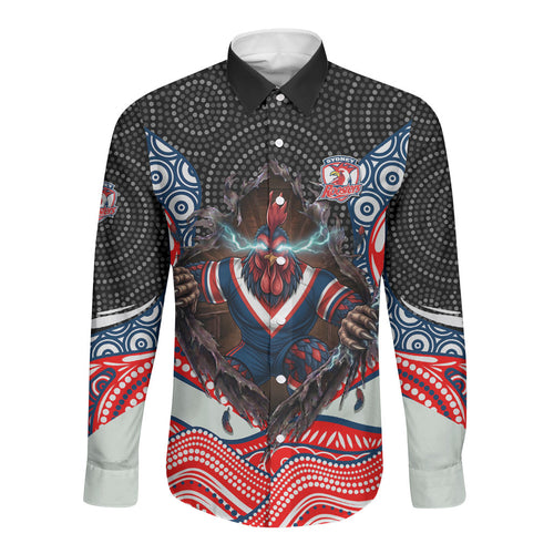 Sydney Roosters Long Sleeve Button Shirt The Scream of Lightning Eyes - Indigenous Dot Ripping Effect