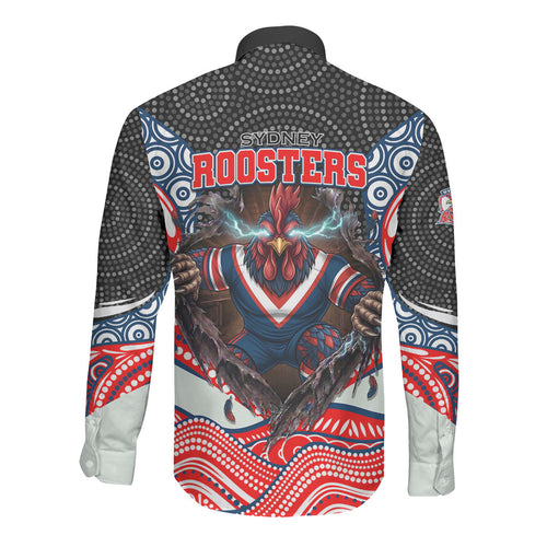 Sydney Roosters Long Sleeve Button Shirt The Scream of Lightning Eyes - Indigenous Dot Ripping Effect