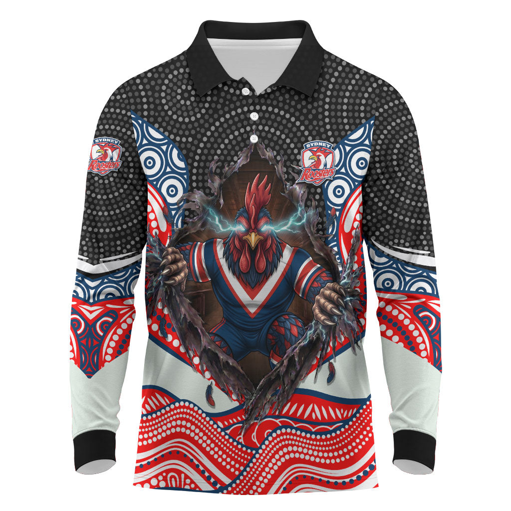 Sydney Roosters Long Sleeve Polo Shirt The Scream of Lightning Eyes - Indigenous Dot Ripping Effect