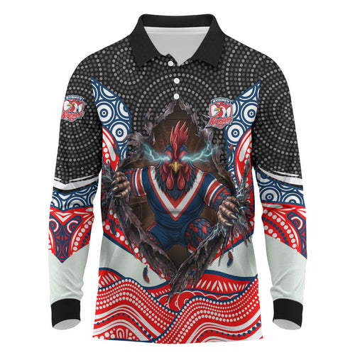Sydney Roosters Long Sleeve Polo Shirt The Scream of Lightning Eyes - Indigenous Dot Ripping Effect