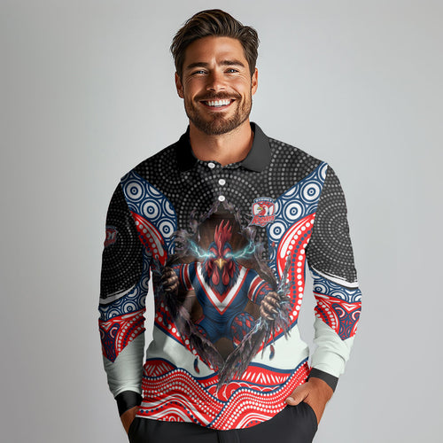 Sydney Roosters Long Sleeve Polo Shirt The Scream of Lightning Eyes - Indigenous Dot Ripping Effect