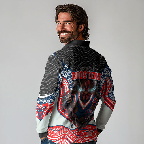Sydney Roosters Long Sleeve Polo Shirt The Scream of Lightning Eyes - Indigenous Dot Ripping Effect