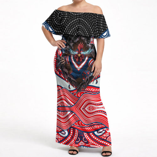 Sydney Roosters Off Shoulder Maxi Dress The Scream of Lightning Eyes - Indigenous Dot Ripping Effect