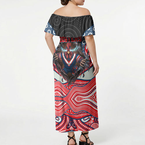 Sydney Roosters Off Shoulder Maxi Dress The Scream of Lightning Eyes - Indigenous Dot Ripping Effect