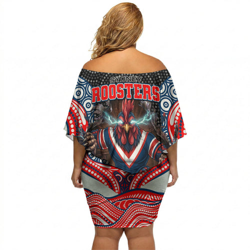 Sydney Roosters Off Shoulder Short Dress The Scream of Lightning Eyes - Indigenous Dot Ripping Effect