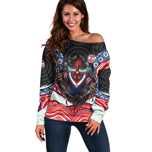 Sydney Roosters Off Shoulder Sweater The Scream of Lightning Eyes - Indigenous Dot Ripping Effect