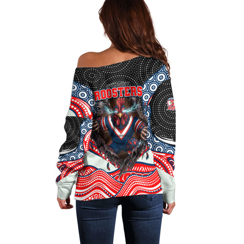 Sydney Roosters Off Shoulder Sweater The Scream of Lightning Eyes - Indigenous Dot Ripping Effect