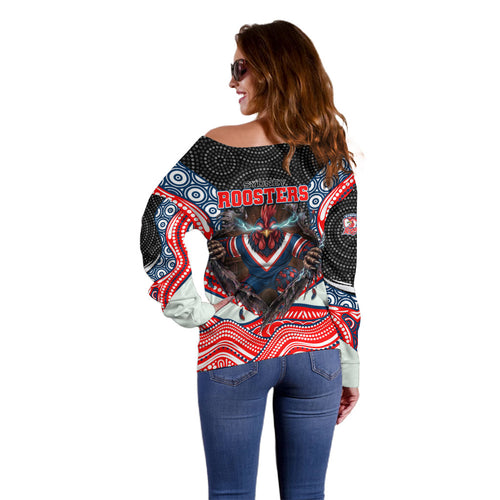 Sydney Roosters Off Shoulder Sweater The Scream of Lightning Eyes - Indigenous Dot Ripping Effect