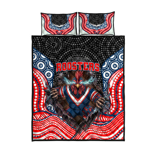 Sydney Roosters Quilt Bed Set The Scream of Lightning Eyes - Indigenous Dot Ripping Effect