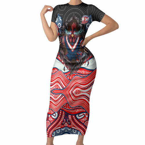 Sydney Roosters Short Sleeve Bodycon Dress The Scream of Lightning Eyes - Indigenous Dot Ripping Effect