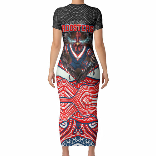 Sydney Roosters Short Sleeve Bodycon Dress The Scream of Lightning Eyes - Indigenous Dot Ripping Effect