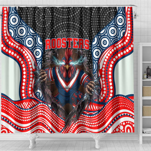 Sydney Roosters Shower Curtain The Scream of Lightning Eyes - Indigenous Dot Ripping Effect