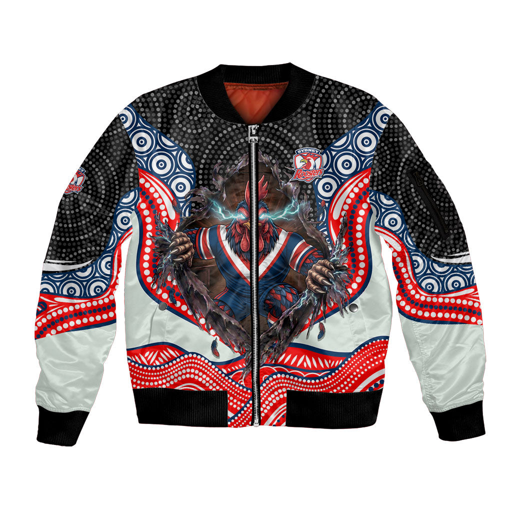 Sydney Roosters Sleeve Zip Bomber Jacket The Scream of Lightning Eyes - Indigenous Dot Ripping Effect