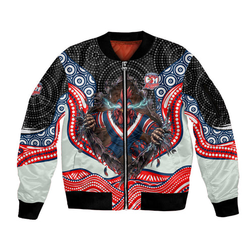 Sydney Roosters Sleeve Zip Bomber Jacket The Scream of Lightning Eyes - Indigenous Dot Ripping Effect