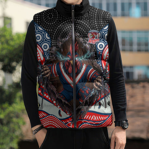 Sydney Roosters Sleeveless Puffer Jacket The Scream of Lightning Eyes - Indigenous Dot Ripping Effect