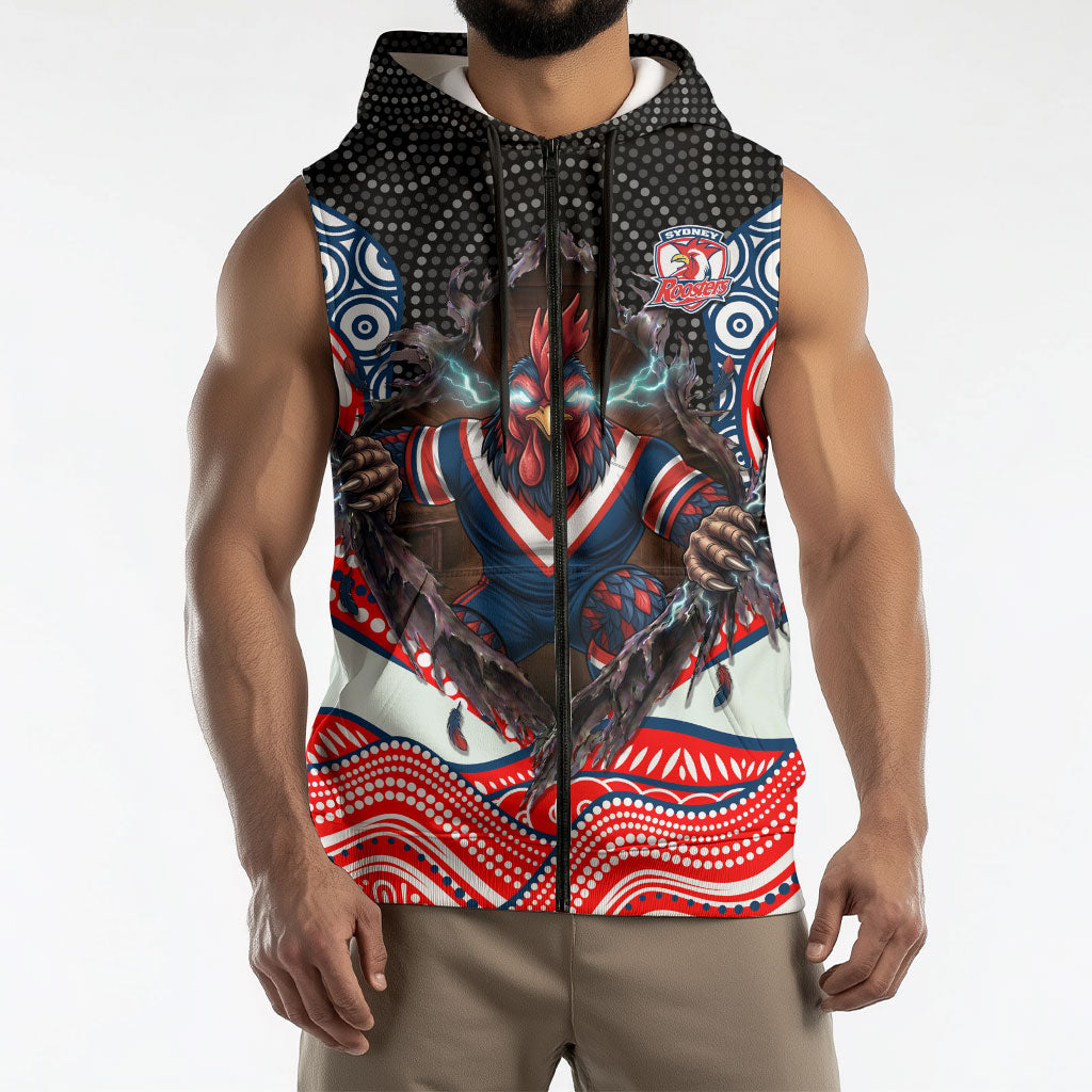 Sydney Roosters Sleeveless Zip Hoodie The Scream of Lightning Eyes - Indigenous Dot Ripping Effect