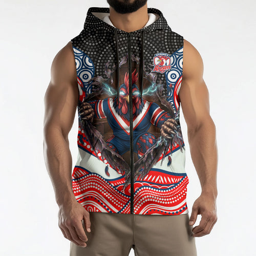 Sydney Roosters Sleeveless Zip Hoodie The Scream of Lightning Eyes - Indigenous Dot Ripping Effect