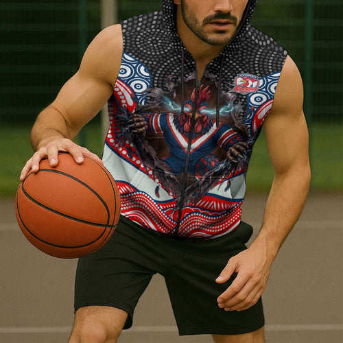Sydney Roosters Sleeveless Zip Hoodie The Scream of Lightning Eyes - Indigenous Dot Ripping Effect