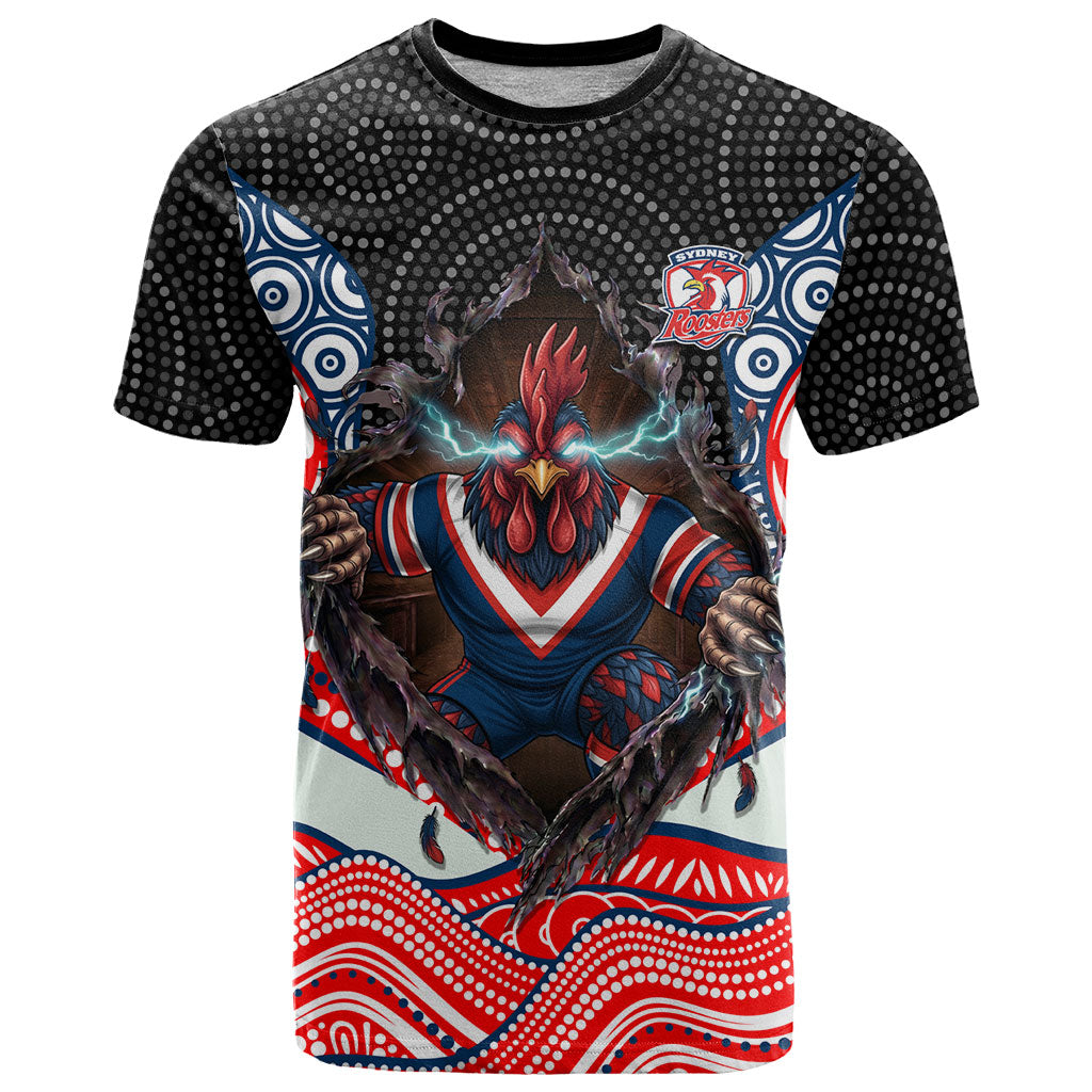Sydney Roosters T Shirt The Scream of Lightning Eyes - Indigenous Dot Ripping Effect