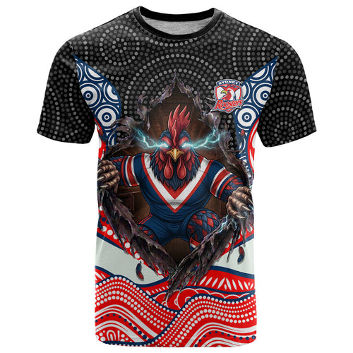 Sydney Roosters T Shirt The Scream of Lightning Eyes - Indigenous Dot Ripping Effect